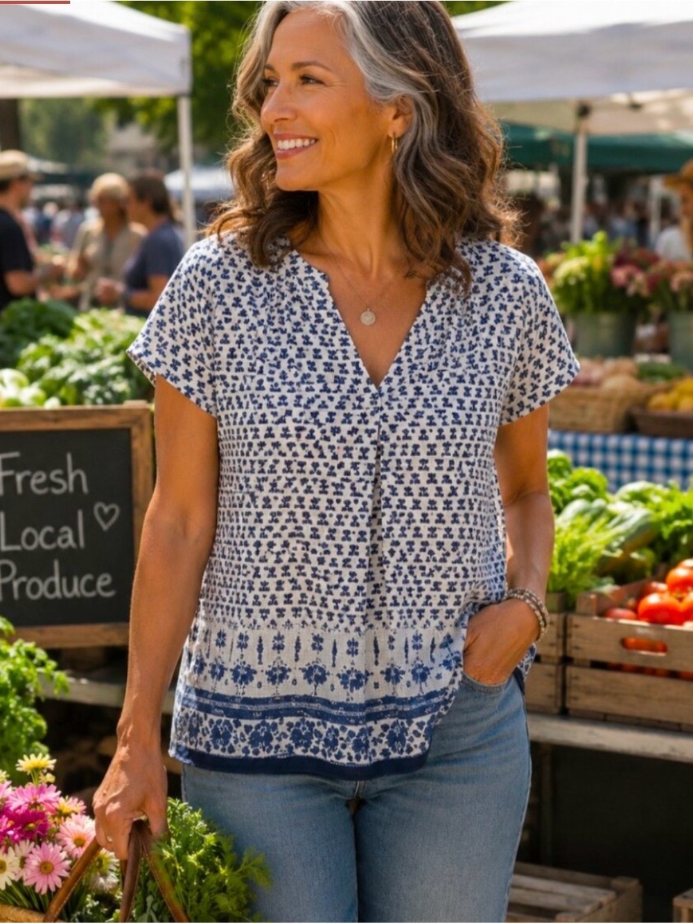 Max Studio Blue and White Floral Border V-Neck Blouse